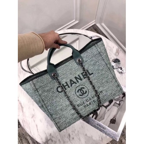 Chanel Original Canvas Leder Tote Einkaufstasche 92298 Grün