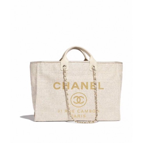 Chanel Original Canvas Leder Tote Einkaufstasche 92298 Offwhite
