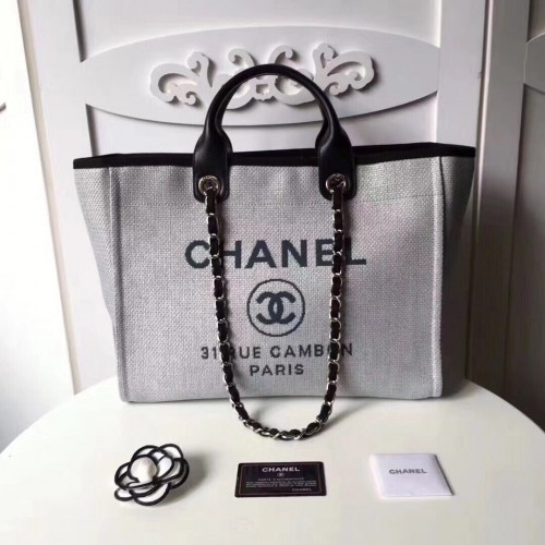 Chanel Original Canvas Leder Tote Einkaufstasche 92298 grau