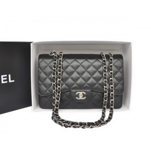 Mode Chanel Original Caviar Leather Classic Flap Bag A28600 Schwarz Silber