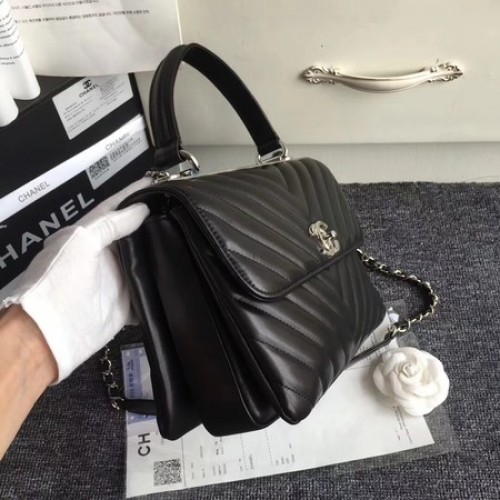 Chanel Original Schaffell-Leder-Einkaufstasche V92236 schwarz silberne Schnalle