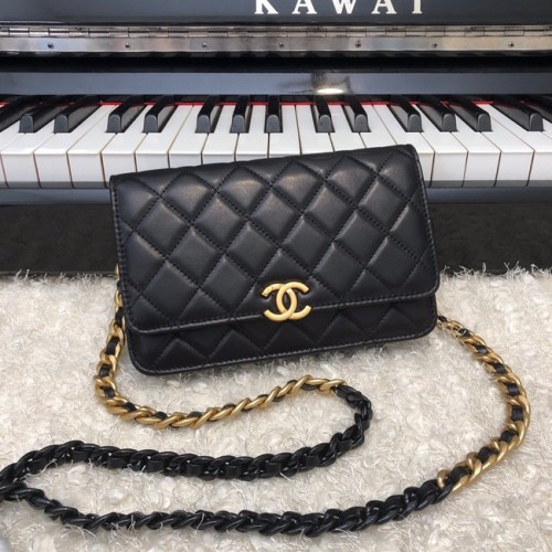 Chanel Original Kleine klassische Lammfell-Überschlagtasche AP33814 schwarz