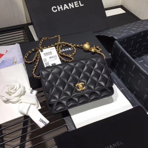 Chanel Original Kleine klassische Lammfell-Überschlagtasche AS33814 schwarz