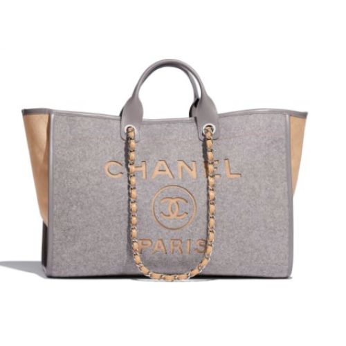 Chanel Original Tote Einkaufstasche Wollkalbsleder Silberfarbenes Metall A93786 Grau&Beige