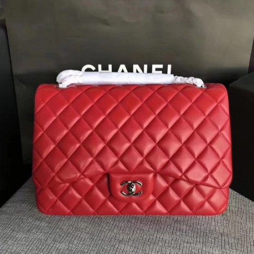 Chanel Maxi Quilted Classic Flap Bag Rotes Schafsleder A58601 Silber
