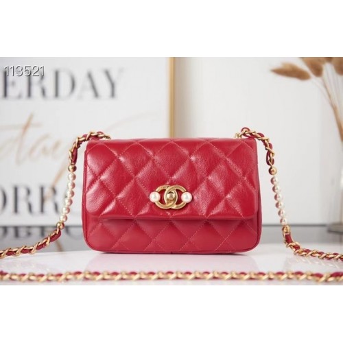 Chanel SMALL FLAP BAG Kalbsleder Imitationsperlen Goldfarbenes Metall AS3000 rot