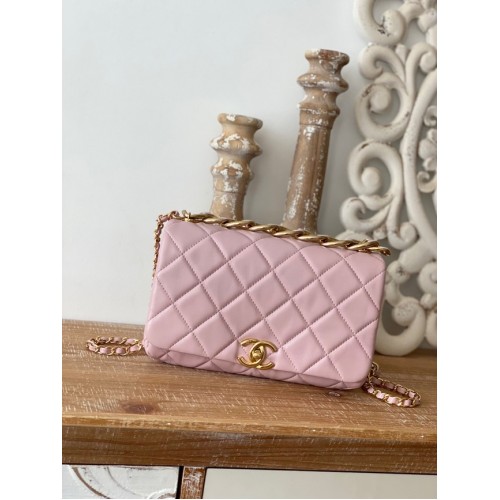 Chanel KLEINE FLAP BAG Lammleder Goldfarbenes Metall AS3367 rosa