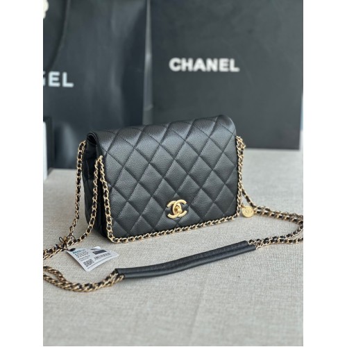 Chanel SMALL Flap Bag genarbtes Kalbsleder goldfarbenes Metall AS3467 schwarz