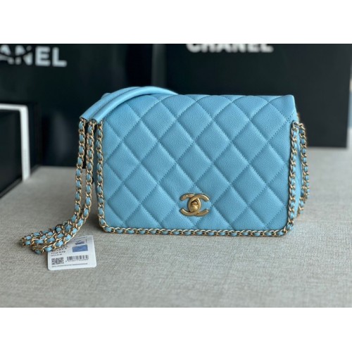 Chanel SMALL Flap Bag genarbtes Kalbsleder goldfarbenes Metall AS3467 hellblau