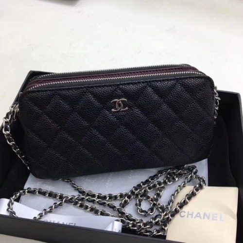 Chanel Umhängetasche Schwarz Cannage Muster Leder CHA6845 Silber