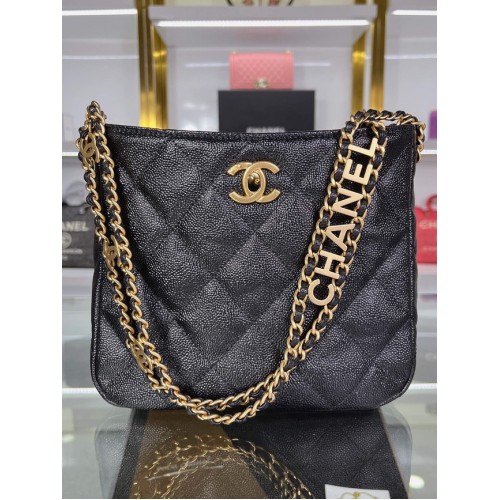Chanel Umhängetasche genarbtes Kalbsleder&goldfarbenes Metall AS3223 schwarz