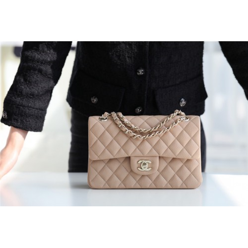 Chanel Small Classic Handtasche Genarbtes Kalbsleder silberfarbenes Metall A01113 Apricot