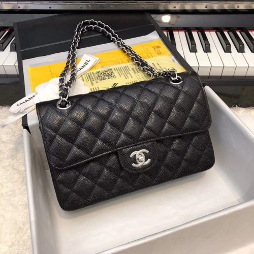 Chanel Small Classic Handtasche Genarbtes Kalbsleder silberfarbenes Metall A01113 schwarz