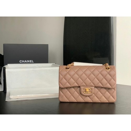 Chanel Small Classic Handtasche Schaffell Goldfarbenes Metall A01113 Taupe
