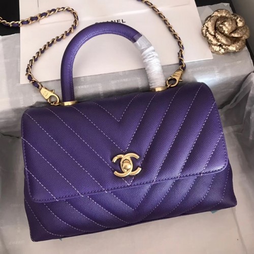 Chanel Small Flap Bag with Top Handle V92990 dunkelviolettes goldfarbenes Metall