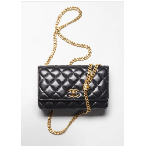 Chanel WALLET ON CHAIN Lammleder Goldfarbenes Metall AP3043 Schwarz