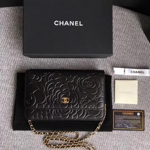 Chanel WOC Black Camellia Leather Mini Flap Bag A33814 Gold