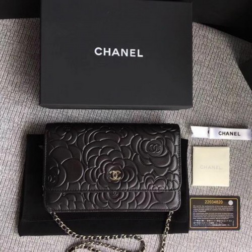 Chanel WOC Black Camellia Leather Mini Flap Bag A33814 Silber