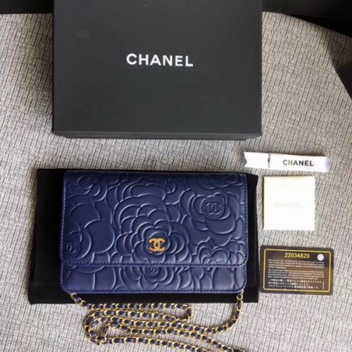 Chanel WOC Blau Camellia Leder Mini Flap Bag A33814 Gold