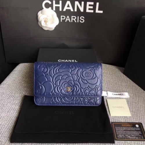 Chanel WOC Blau Camellia Leder Mini Flap Bag A33814 Silber