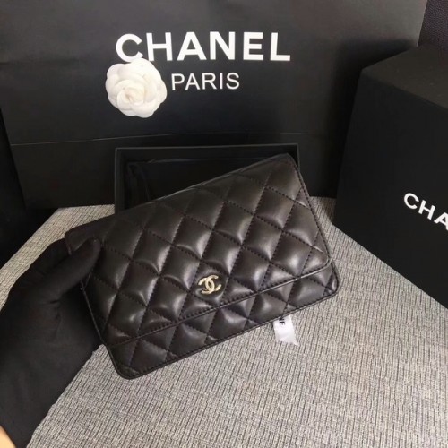 Chanel WOC Flap Bag Schwarz Original Schafsleder 33814 Silber