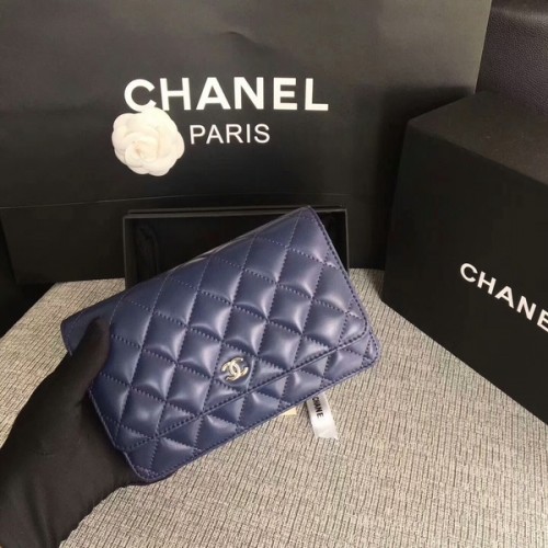 Chanel WOC Flap Bag Dunkelblau Original Schafsleder 33814 Silber