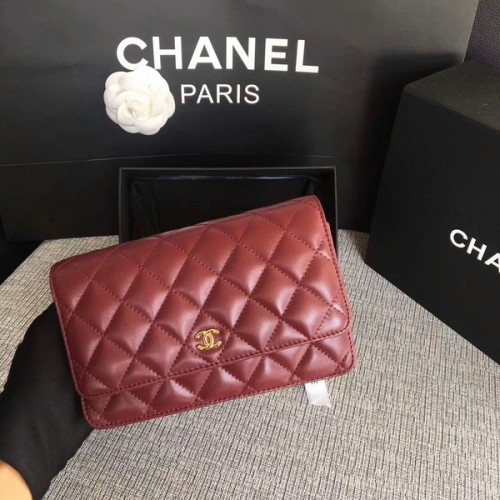 Chanel WOC Flap Bag Dunkelrot Original Schafsleder 33814 Glod