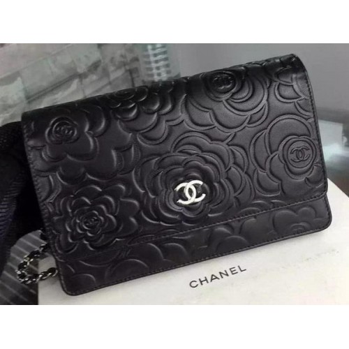 Chanel WOC Flap Bag Original Schwarzes Kamelienleder A5373 Silber