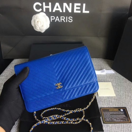 Chanel WOC Flap Umhängetasche Blaues Kalbsleder A33814 Gold