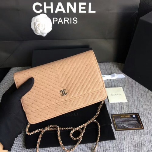 Chanel WOC Flap Umhängetasche Kamel Kalbsleder A33814 Silber