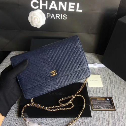 Chanel WOC Flap Umhängetasche Dunkelblaues Kalbsleder A33814 Gold