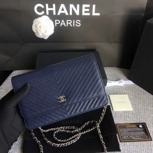Chanel WOC Flap Umhängetasche Dunkelblaues Kalbsleder A33814 Silber