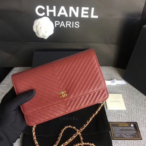 Chanel WOC Flap Umhängetasche Dunkelrotes Kalbsleder A33814 Gold