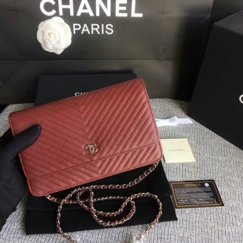 Chanel WOC Flap Umhängetasche Dunkelrotes Kalbsleder A33814 Silber