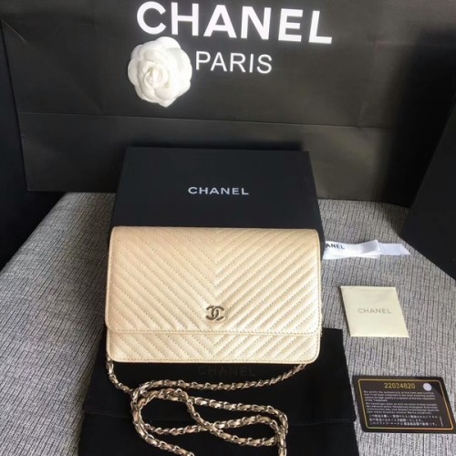 Chanel WOC Flap Umhängetasche Gold Kalbsleder A33814 Silber