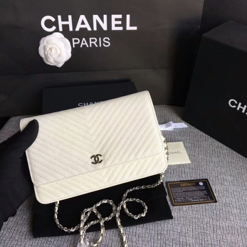 Chanel WOC Flap Umhängetasche Offwhite Kalbsleder A33814 Silber