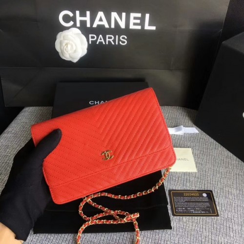Chanel WOC Flap Umhängetasche Rotes Kalbsleder A33814 Gold