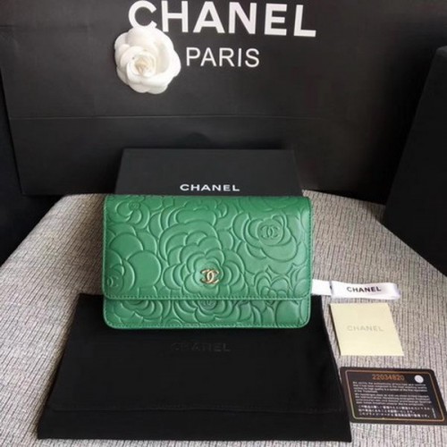 Chanel WOC Green Camellia Leather Mini Flap Bag A33814 Silber