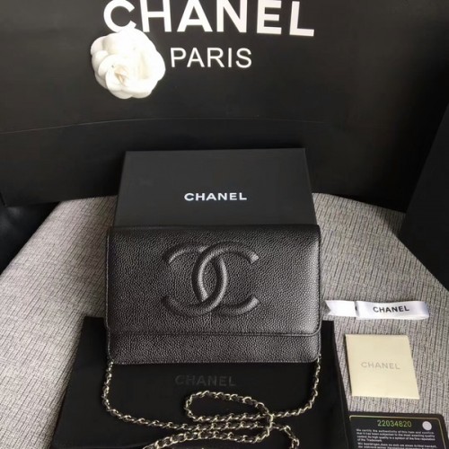Chanel WOC Original Kalbsleder Schwarze Umhängetasche 33814 Silber