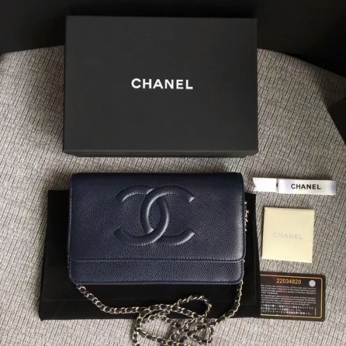 Chanel WOC Original Kalbsleder Dunkelblau Umhängetasche 33814 Silber