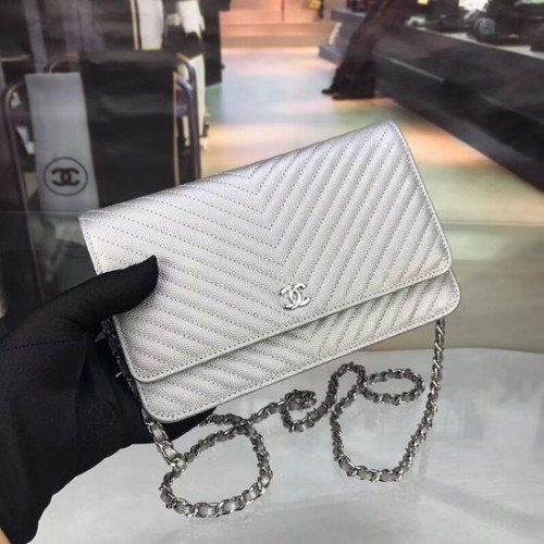 Chanel WOC Original Caviar Leather Flap Umhängetasche E33814 Silber