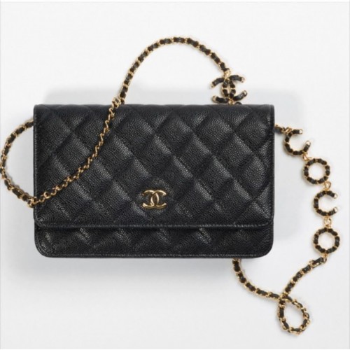 Chanel WOC Original Caviar Leather Flap Umhängetasche CC33814 schwarzGoldkette