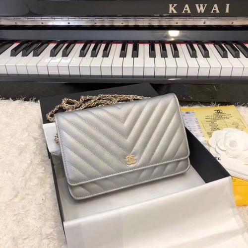 Chanel WOC Original Caviar Leather Flap Umhängetasche V33814 Silbergraue Goldkette
