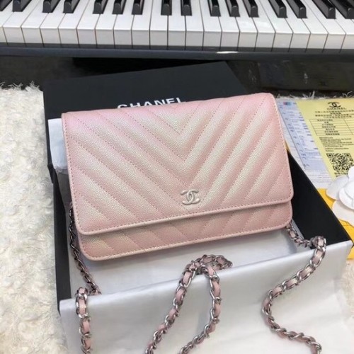 Chanel WOC Original Caviar Leather Flap Umhängetasche V33814 rosa Silberkette