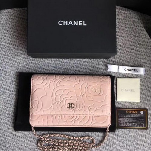 Chanel WOC Pink Camellia Leather Mini Flap Bag A33814 Silber
