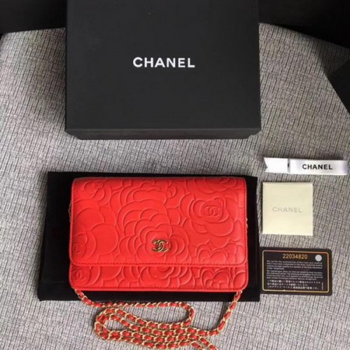 Chanel WOC Red Camellia Leather Mini Flap Bag A33814 Gold
