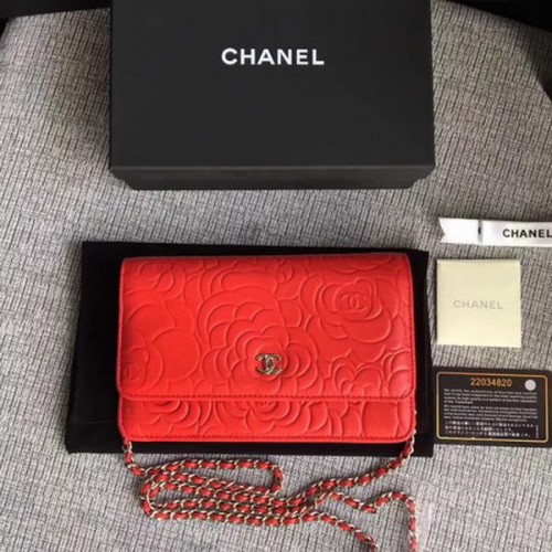 Chanel WOC Red Camellia Leather Mini Flap Bag A33814 Silber