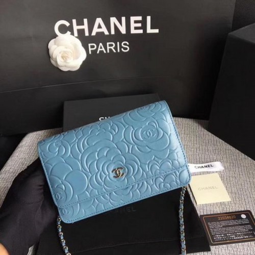 Chanel WOC Skyblue Camellia Leather Mini Flap Bag A33814 Silber