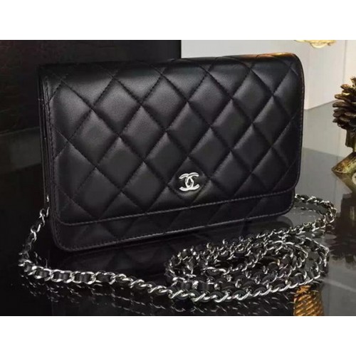 Chanel WOC Mini Flap Bag Schwarzes Schaffell A5373 Silber