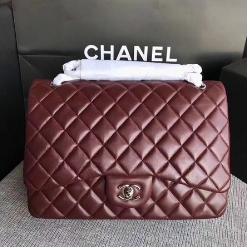 Chanel Maxi Quilted Classic Flap Bag Wein Schaffell Leder A58601 Silber